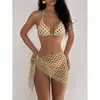 Marca independiente 2026 Nuevo conjunto sexy de bikini de tres piezas europeo y americano con falda de tul, traje de baño de cuello halter, bikini al por mayor