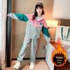 Moda infantil conjunto esportivo com combinação de cores outono e inverno suéter casual com capuz cardigã com zíper para meninas calças esportivas conjunto de duas peças