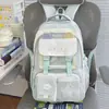 Mochila xadrez color block com bordado de gato de desenho animado, fresca e doce, mochila escolar fofa e leve para meninas do ensino fundamental e médio