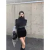 Vestido Liso de Gola Alta com Manga Longa e Pregas para Outono e Inverno Feminino, Vestido Básico Slim Fit Estilo Francês, Vestido Curto Bodycon com Ajuste na Cintura