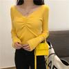 Camiseta de Manga Larga de Otoño para Mujer, Estilo Celebridad de Internet, Súper Popular en Instagram, Efecto Adelgazante, Diseño de Cuello en V, Tejido