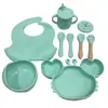 Productos para Maternidad y Bebés Juego de Vajilla de Silicona Silicona de Grado Alimenticio Plato de Cena de Tres Compartimentos Vajilla Infantil Juego de 9 Piezas en Stock
