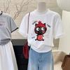 Camiseta de Verão Estilo Coreano com Recorte de Tela, Gola Redonda, Manga Curta, Estampa de Gato Cartoon, Efeito Emagrecedor e Tamanho Grande Soltinho
