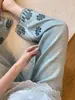 Jeans Reto com Bordado de Flor Vazada em Tencel Feminino Outono Fino Tamanho Grande Cintura Alta Skinny Perna Larga Calça Nove Pontos