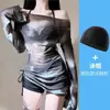 Traje de baño para mujer Pure Desire Manchado de Manga Larga Delgado con Soporte de Acero Boxer Tres Piezas Dividido Traje de Baño Bikini Traje de Baño para Aguas Termales