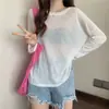 Nueva camiseta de verano versátil de color liso, holgada, cuello redondo, manga larga, seda de hielo, protección solar, camiseta interior, top para mujer, blusa exterior para cubrir