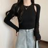 Nueva camiseta negra de manga larga estilo coreano para mujer, otoño, chicas sexys, diseño calado, sentido, corte ajustado, corta, básica, top