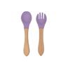 Garfo e Colher de Silicone com Cabo de Madeira para Bebê Utensílios de Mesa Infantis Suplemento Alimentar de Treinamento para Bebês Cabo de Madeira Silicone Macio Colher e Garfo Podem Morder Portátil