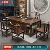 Conjunto de Mesa de Chá e Cadeiras de Madeira Maciça, Mesa de Chá para Escritório com Chaleira Integrada, Mesa de Chá Embutida para Preparo de Chá Kung Fu, Uma Mesa e Cinco Cadeiras