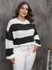 Roupas femininas plus size transfronteiriças europeias e americanas, suéter de tricô listrado com blocos de cor, top de tricô casual solto para mulheres
