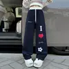 Calça de Moletom Reta para Meninas 2025 Nova Primavera e Outono Azul Marinho Versátil Calça Esportiva Wide Leg Caimento Solto Calça de Comprimento Total