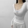Camiseta de manga larga de dos piezas con costuras de encaje entalladas de estilo americano para mujer 2024 Nueva blusa elegante que favorece la figura