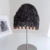 Chapéu de Tricô Vazado Retro Feito à Mão para Mulheres, Chapéu de Lã Respirável de Verão com Lantejoulas, Pedrarias e Franjas, Chapéu Headwrap Tendência