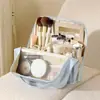 Bolsa de maquiagem grande com divisórias, bolsa de armazenamento de viagem portátil com espelho, necessaire à prova d'água multifuncional para mulheres