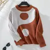 Suéter Feminino Pulôver com Bloqueio de Cores Gotas de Chuva Pelo Macio Padrão Tai Chi, Novo Outono e Inverno Gola Redonda Solto Manga Longa Malha