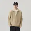 Suéter Casual Versátil para Hombre de Otoño e Invierno, Tejido de Punto Polo con Cuello Solapa, Falso Dos Piezas, Textura de Canalé, Hombro Caído, Holgado