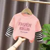 Camiseta de manga larga con retazos de algodón puro para niñas, top de algodón puro para primavera y otoño para niños, camiseta básica para niños mayores, ropa para niños