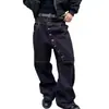 Jeans Masculino Curvo Longo com Botões Estilo Retrô Americano, Calça Larga Wide-Leg de Rua Tendência para Primavera e Outono