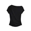 Camiseta Cinza Estilo Coreano para Mulheres, com Manga Curta de um Ombro Só, Design Novo de Verão com Cintura franzida e amarração, Top Emagrecedor