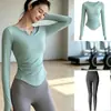 Top deportivo, camiseta de secado rápido, pantalones de entrenamiento ajustados, conjunto de outfit de yoga, adelgazante de cintura, adelgazante, conjunto de dos piezas de fitness para mujer con cuello en V