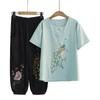 1020 # Ropa para Mujeres de Mediana Edad y Mayores 2025 Traje de Camiseta Primavera y Verano para Madres Estilo Étnico Retro Pantalones de Algodón y Lino Conjunto de Dos Piezas
