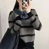Camisa Base com Listras Contrastantes Feminina Outono Inverno Gola Lapela Manga Longa Suéter de Tricô Roupa de Baixo Pulôver Top de Tricô Manga Longa Tendência