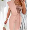 Macacão estampado de comércio exterior europeu e americano transfronteiriço cor sólida sem mangas cinto macacão decorativo slim-fit costura conta vestuário feminino