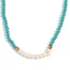Colar vintage de temperamento europeu e americano com contas de aço inoxidável, dez pérolas de água doce, cristal facetado azul, colar feito à mão para mulheres