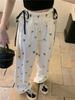 Pantalones Casuales de Costura de Encaje con Lazo Estilo Sweet Spice Girl para Mujer Diseño de Otoño Holgados Holgados Cintura Holgada Pierna Ancha Pierna Recta