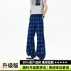 Calça xadrez versátil de perna reta, estilo high street, de comprimento estendido e perna larga, com bom caimento, calça casual estilo americano para homens altos