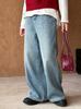 Tangerina Zhi 2024 Outono e Inverno Novo Estilo Retro Versátil Solto Reto Forrado com Lã Calças de Perna Larga Jeans 6307