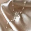 Colar Longo com Pingente de Borboleta Prata Fosca Pérola Estrelada para Mulheres 2026 Novo Estilo High-End Luxo Leve Nicho Corrente de Pescoço