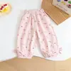 Novo Conjunto de Verão Fofo Gato Estampado Camiseta de Manga Curta Calça Listrada Lanterna Anti-Mosquito Conjunto Casual de Duas Peças
