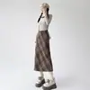 Falda midi de tweed a cuadros otoño e invierno retro cintura alta falda línea A corte ajustado que envuelve la cadera falda larga holgada adelgazante largo medio