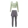 Conjunto de Yoga Quadrado Curto para Mulheres, Slim Fit, Manga Longa, Cintura Alta, Elástico, Falso Duas Peças, Pilates, Levantamento de Peso, Conjunto Fitness Duas Peças