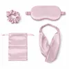 Conjunto de quatro peças de máscara de dormir de seda simulada, proteção ocular bloqueadora de luz, elástico de cabelo, conjunto de bolsa de armazenamento, máscara de olho portátil para pausa para o almoço e viagens de negócios