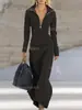 Exportación Transfronteriza Europea y Americana Nuevo Polo de Media Cremallera para Mujer Otoño e Invierno Delgado de Manga Larga Casual Color Sólido Vestido Largo