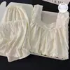 Pijama feminino estilo francês para primavera e outono, gola quadrada de renda, mangas longas soltas, calça longa, bojos fixos, conjunto de casa de alta qualidade