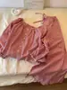 Pijama doce xadrez vermelho estilo coreano para mulheres, nova coleção primavera/outono 2026, tamanho grande, manga longa, calça longa, adequado para usar fora, roupa de casa
