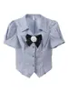 Camisa Rayada Dulce y Fresca con Lazo Top de Manga Corta para Mujer Cintura Ceñida Costuras Verano Vintage Chica Picante Camisa Corta para Mujer