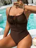 Traje de baño de una pieza de moda popular europea y americana para mujer 2025 Sexy Push-Up con cordón Aspecto adelgazante Color liso Traje de baño Cómodo Nylon
