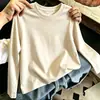 Camiseta lisa de algodão 100% puro para meninas, gola redonda, manga longa, novo estilo primavera/outono, top casual e moderno para crianças de tamanhos médios e grandes e bebês