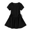 Vestido Feminino Preto de Manga Curta para Meninas Quentes de Verão, Saia Evasê com Cordão na Cintura para Afinar o Visual, Vestidinho Preto de Alta Qualidade