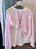 Camiseta de manga larga con rayas azules, camiseta con mascarilla, protección solar, camisa de aire acondicionado para mujer, atuendo de verano holgado, top holgado, cubierta fina
