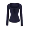 Camiseta Azul Marinho com Gola Laço e Manga Longa para Mulheres, Camisa Base de Inverno Slim Fit, Estilo Pura Vontade, Top Interno Elástico Justo