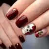 Parche de Uñas Artísticas de Halloween Borgoña Brillante Uñas Postizas Patrón de Calavera y Flor de Halloween Parche de Uñas Artísticas