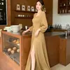 Vestido Elegante de Otoño de Color Sólido con Cuello Cuadrado, Mangas Abullonadas, Plisado, Talla Grande para Mujer, Cintura Ceñida, Abertura, Vestido Largo