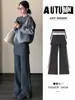 Pantalones acampanados grises estilo coreano, de dos piezas falsas, forrados de polar, de cintura alta, adelgazantes, que cubren la cadera, pantalones de chándal acampanados para otoño e invierno
