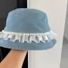 Sombrero de Pescador de Mezclilla con Cinta de Encaje de Perlas de Hada Súper Nuevo para Mujer Otoño Sombrero de Cubo Simple Versátil Sombrero de Pescador Moderno