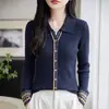 Cardigan de Tricô Feminino Jacquard Design Novo Vintage Lã Fina Gola Reversível Manga Longa Outono/Inverno 2026